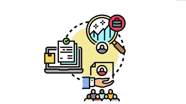 Recruiting process involving magnifying glass analysis of costs and charts, searching for ideal candidates, and managing new employee acquisition through selection and onboarding