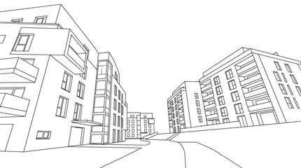 Fototapeta premium Modern residential buildings outline vector perspective illustration for urban development and real estate marketing.