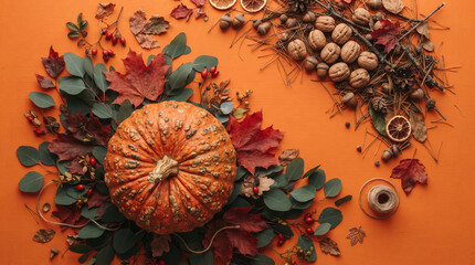 Fototapeta premium Autumn harvest arrangement with a bumpy orange pumpkin, eucalyptus, rosehips, acorns, walnuts, pinecones, and dried leaves on orange surface, symbolizing fall.