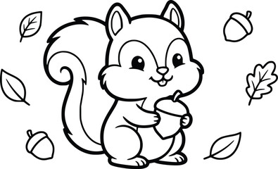 Fototapeta premium Cute squirrel coloring page for kids, cartoon forest animal with acorn and autumn leaves, black and white vector line art illustration