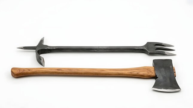 Medieval battle axes and halberd polearm weapons displayed on white surface