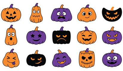 Fototapeta premium Halloween Pumpkin Cartoon Collection Cute Spooky Jack O Lantern Characters Set For Halloween Party Designs