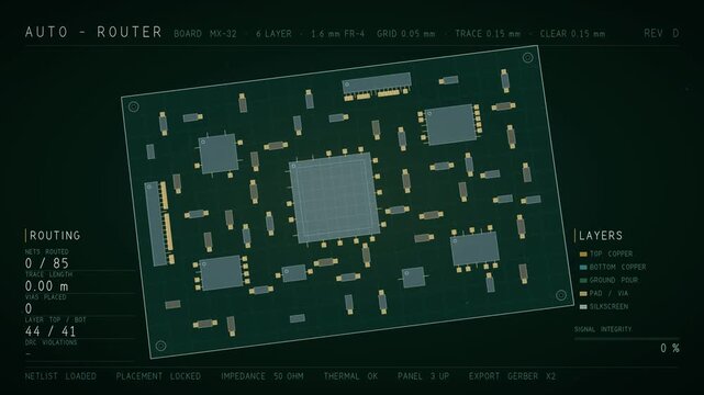 Circuit board auto routing animation drawing copper traces between electronic components