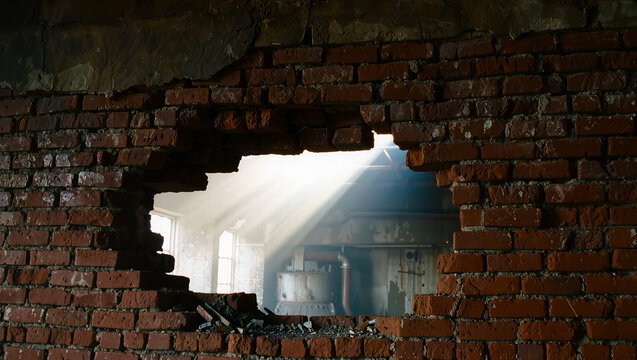 Sunlight through Broken Brick Wall into Abandoned Industrial Building