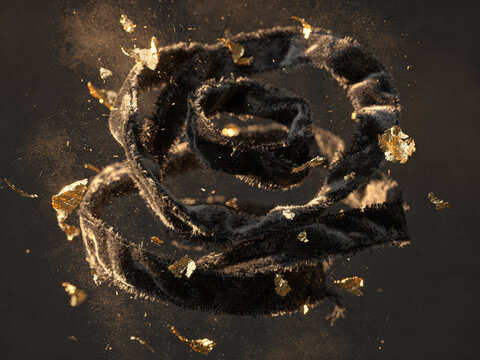 Abstract luxury background featuring a floating black velvet spiral ribbon surrounded by shimmering gold leaf foil flakes in dark space