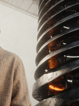 Futuristic spiral tower architecture with warm interior lighting and modern industrial design