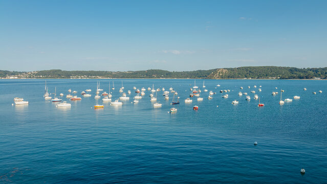 Panoramic view of sailing boats anchored in Saint Michel bay near Lannion, C&ocirc;tes d'Armor, Brittany, France