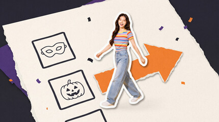 Fototapeta premium East asian woman walking through halloween paper collage with pumpkin mask motifs and colorful confetti