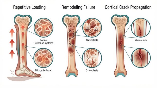 This diagram details the process of stress fractures in bone anatomy relevant to sports medicine and physical therapy.