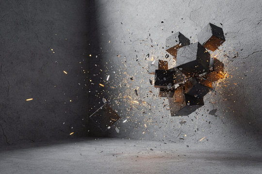 Abstract 3D rendering of exploding stone cubes shattering with glowing sparks in a concrete room