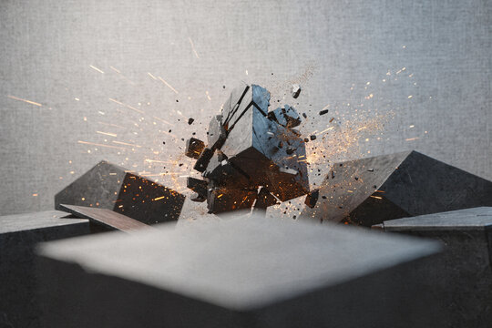 Abstract 3D illustration of a geometric stone cube shattering with bright glowing sparks and exploding fragments against a neutral background