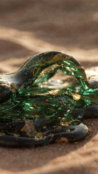 Abstract green viscous gel with golden glitter forming a glossy loop on warm sand in sunlight