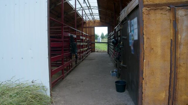 Empty horse stable corridor with red stall rails, wooden doors, and riding equipment. Open barn doorway reveals a green rural landscape outside.