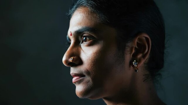 Portrait of a thoughtful young woman with traditional earrings and nose jewel