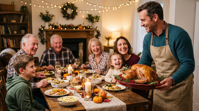 Family gathered around a festive table with a roasted turkey, symbolizing togetherness, gratitude, and harvest celebration, ideal for holiday themes