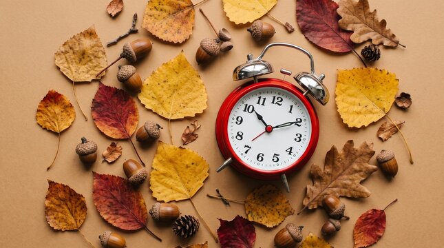 Autumn time change concept with red alarm clock, fallen leaves, and acorns on tan background. Flat lay for daylight saving time and seasonal transition.