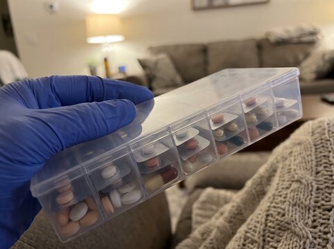 Person in blue glove holds clear pill organizer filled with medications.