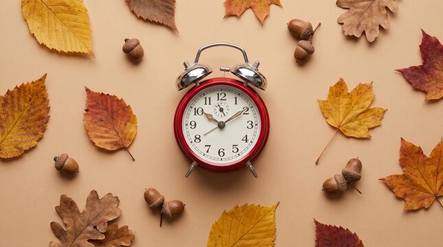 Autumn alarm clock with fall leaves and acorns on beige background. Concept of daylight savings time change and seasonal transition. Flat lay top view.