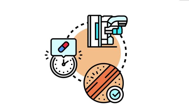 Medical procedure icon set visualizing different aspects of oncology treatment including technological instruments, timed medication, and successful disease recovery