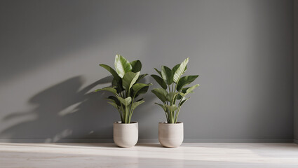 Fototapeta premium Two Green Potted Plants on Minimalist Grey Wall with Sunlight Shadows