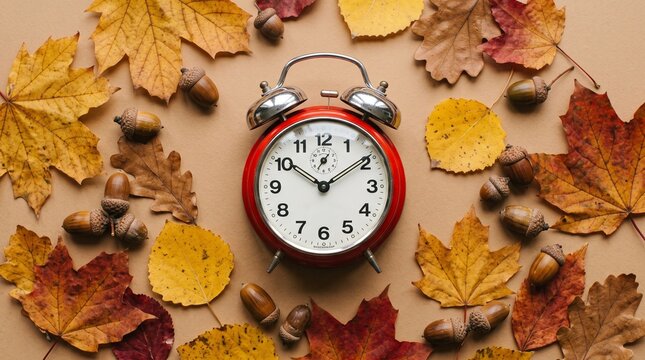 Autumn alarm clock flat lay with red vintage clock, colorful fall leaves, and acorns on beige background. Concept for daylight savings time, seasonal time change, and cozy autumn mood.