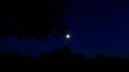 Moon on a twilight sky with stars, planets and landscape mountain silhouettes. © astrosystem