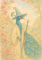 Fototapeta premium Whimsical peacock wizard illustration