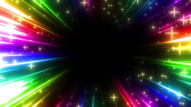 カラフルなキラキラ光る光の集中線の枠のエフェクト背景の動画