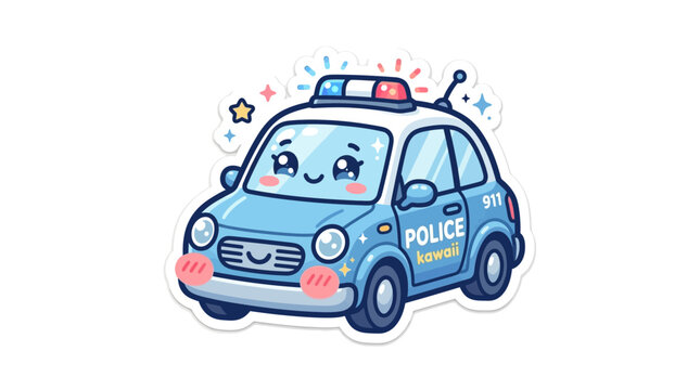 Adorable Kawaii Blue Police Car Vector Illustration Sticker for Kids