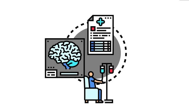 Patient undergoing medical treatment for oncology, receiving infusion from a dropper, with a medical record and brain scan, a modern approach to immune system modulation