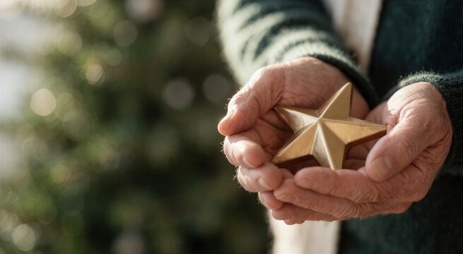 Elderly hands gently cradle a metallic gold star, symbolizing the tradition of placing a star on top of a Christmas tree.