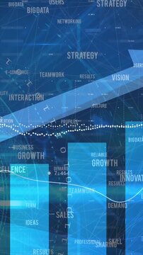 Animation of statistical data processing and network of business concept texts on blue background