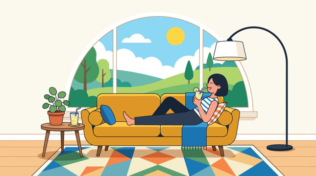 Woman relaxing on a sofa with a drink in a cozy room