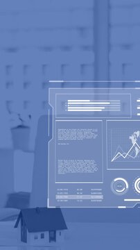 Animation of interface charts processing data over interior with cityscape view