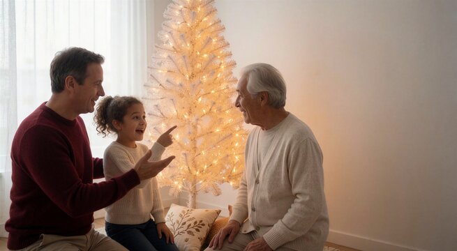 Family of three enjoying a joyful moment while near a glowing Christmas tree in a bright living room setting.