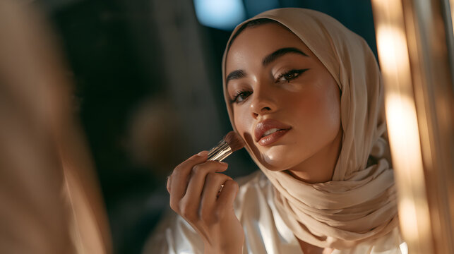 Muslim woman applying make up in mirror wearing hijab.