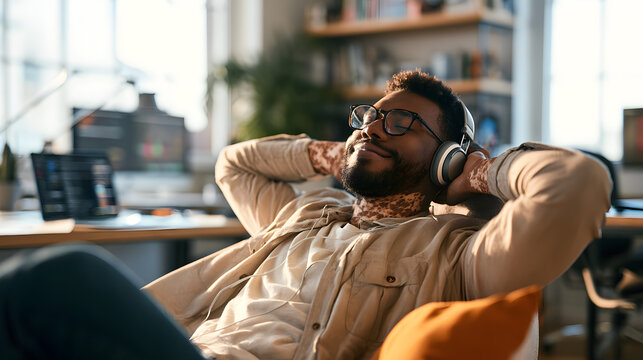 Man, headphones and relax at office with smile, relief or complete project with streaming at media company. Person with vitiligo, happy and listen to music on break, done and audio at creative agency.
