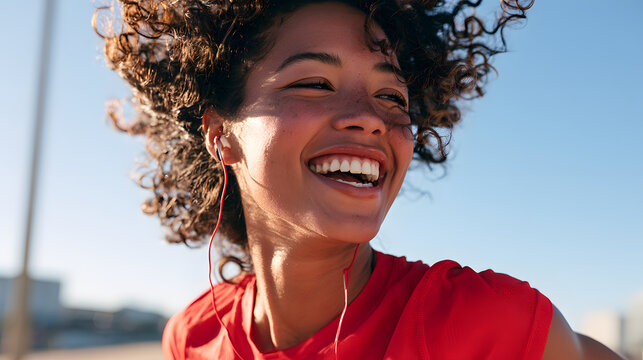 Fitness, black woman and happy athlete smile after running, exercise and marathon training workout. Blue sky, summer sports and run of a African runner breathing with happy face