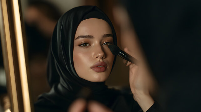 Muslim woman applying make up in mirror wearing hijab.