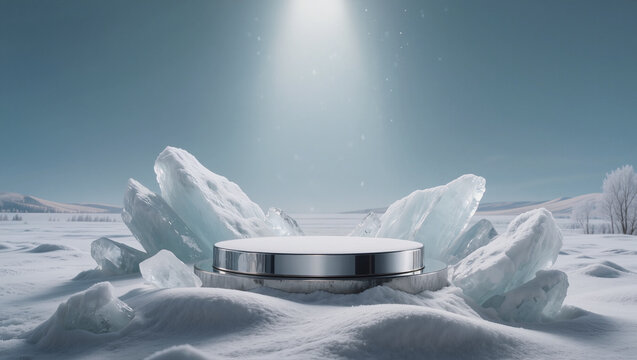 Winter Product Display Stand on Snowy Landscape with Ice Chunks and Spotlight