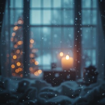 A cozy window scene on a snowy night, with a lit candle and blurred Christmas lights creating a warm glow. The falling snow adds a touch of winter magic