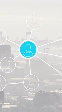 Animation of network of connections with icons over cityscape