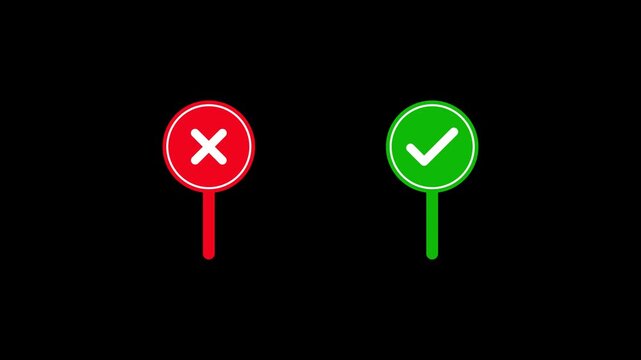 Checkmark and cross sign paddle animation with transparent background and alpha channel for feedback and correct incorrect projects