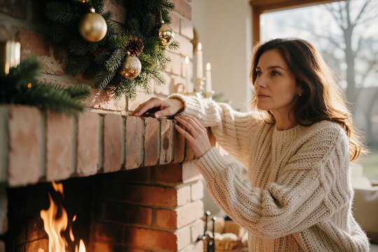 Woman decorating a Christmas fireplace mantel with greenery and ornaments, bathed in warm firelight and soft daylight.