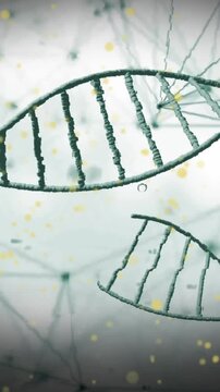 Animation of dna strand over network of connections on white background