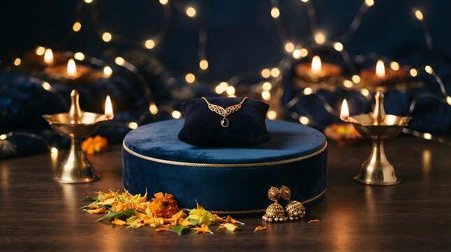 Elegant gold necklace and jhumka earrings on a blue velvet display stand with marigold flowers and glowing fairy lights