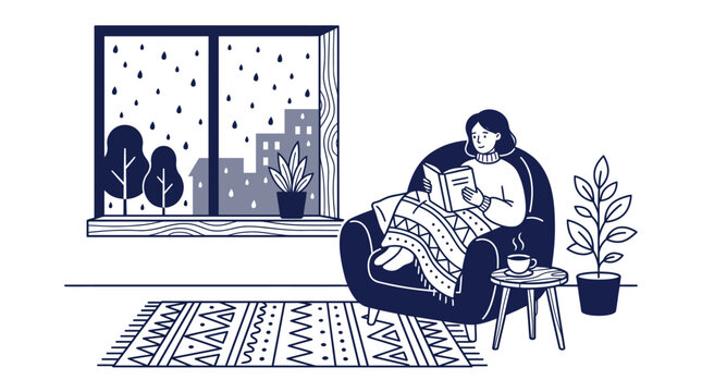 Woman reading a book in a cozy armchair on a rainy day