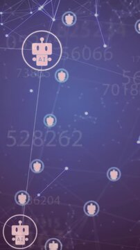 Animation of network of connections with robot icons over blue background