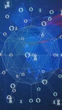 Animation of network of connections with robot icons over digital tunnel