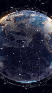 Animation of network of connections with data processing over globe on black background